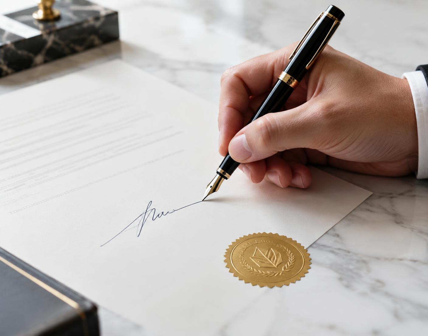 Signing a corporate document beside an embossed seal