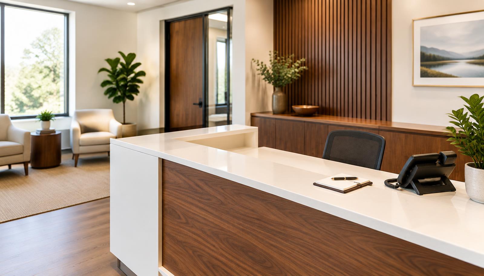 Bright reception desk in a calm advisory office