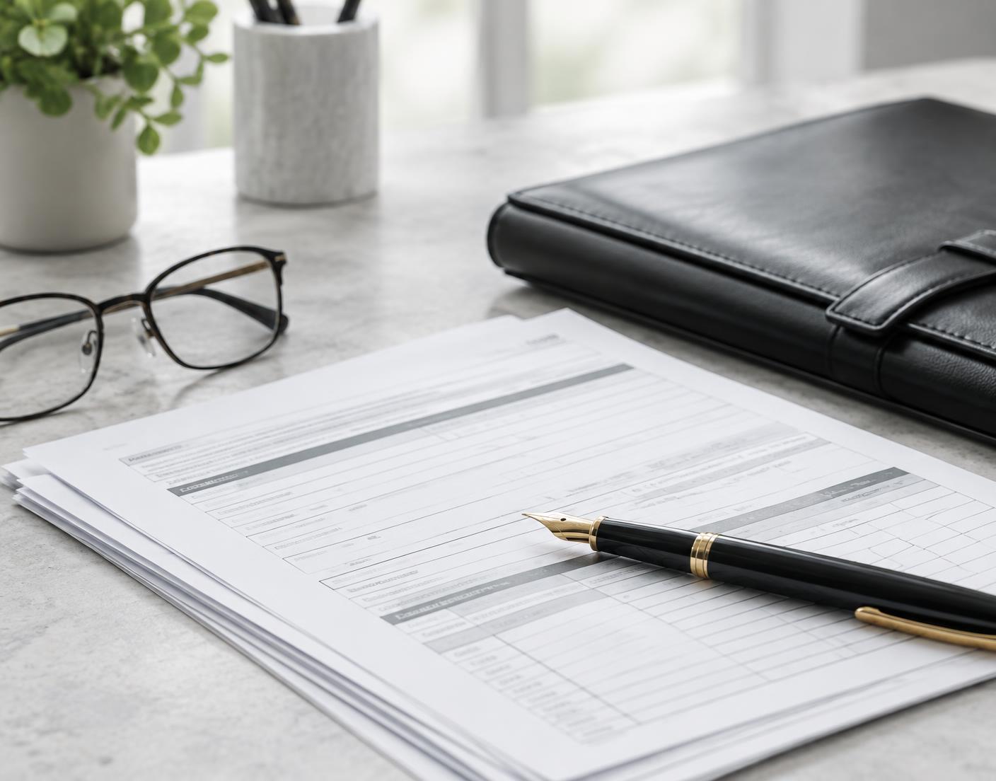 Tax documents and a fountain pen on a stone desk