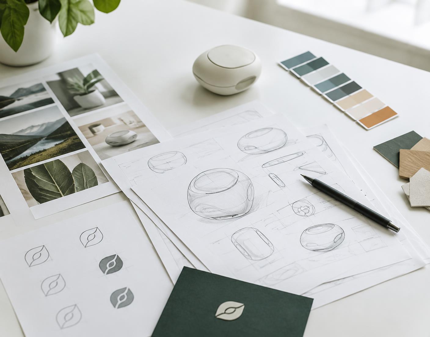 Design sketches and brand swatches on a studio desk