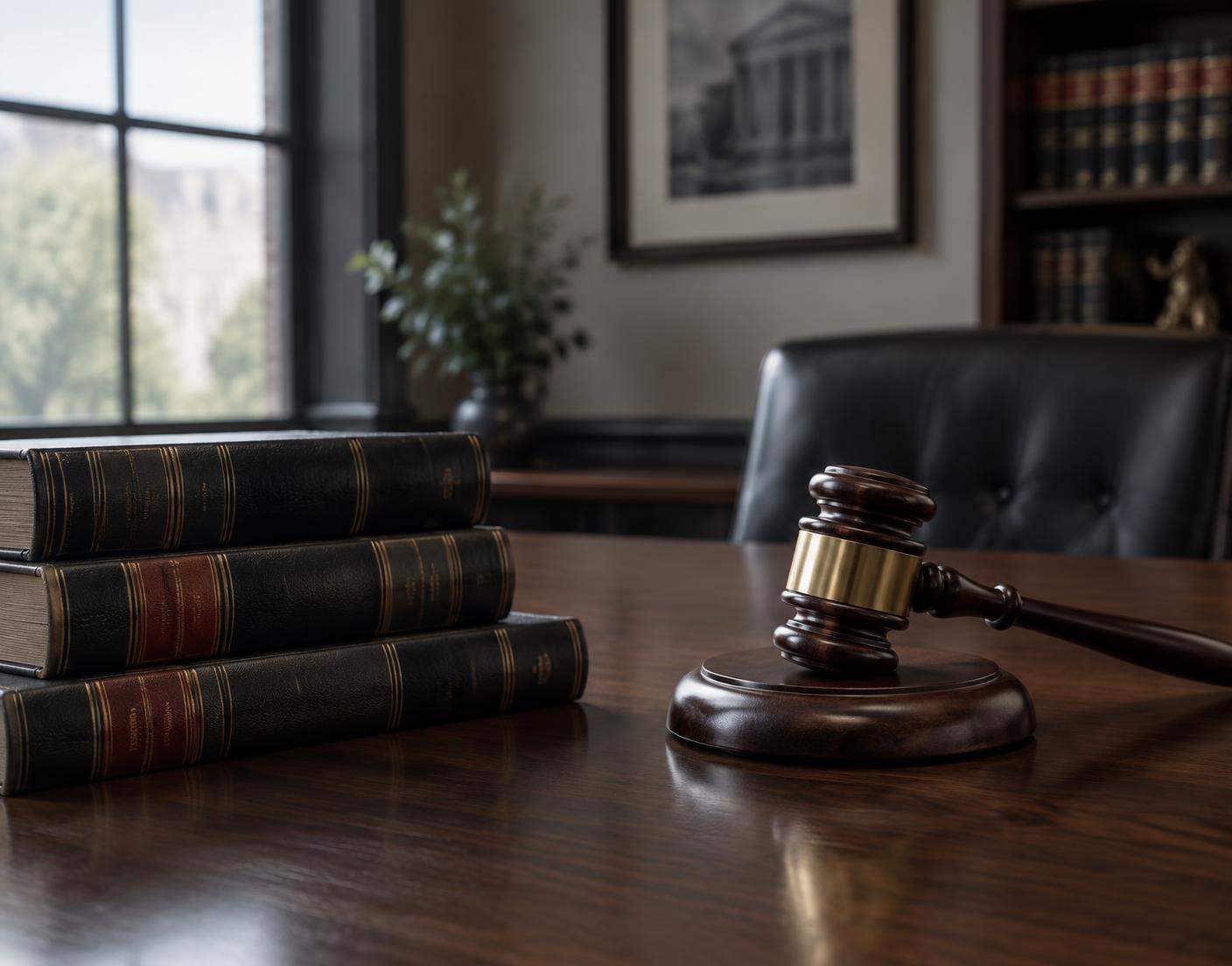 Law books and a gavel on a walnut desk