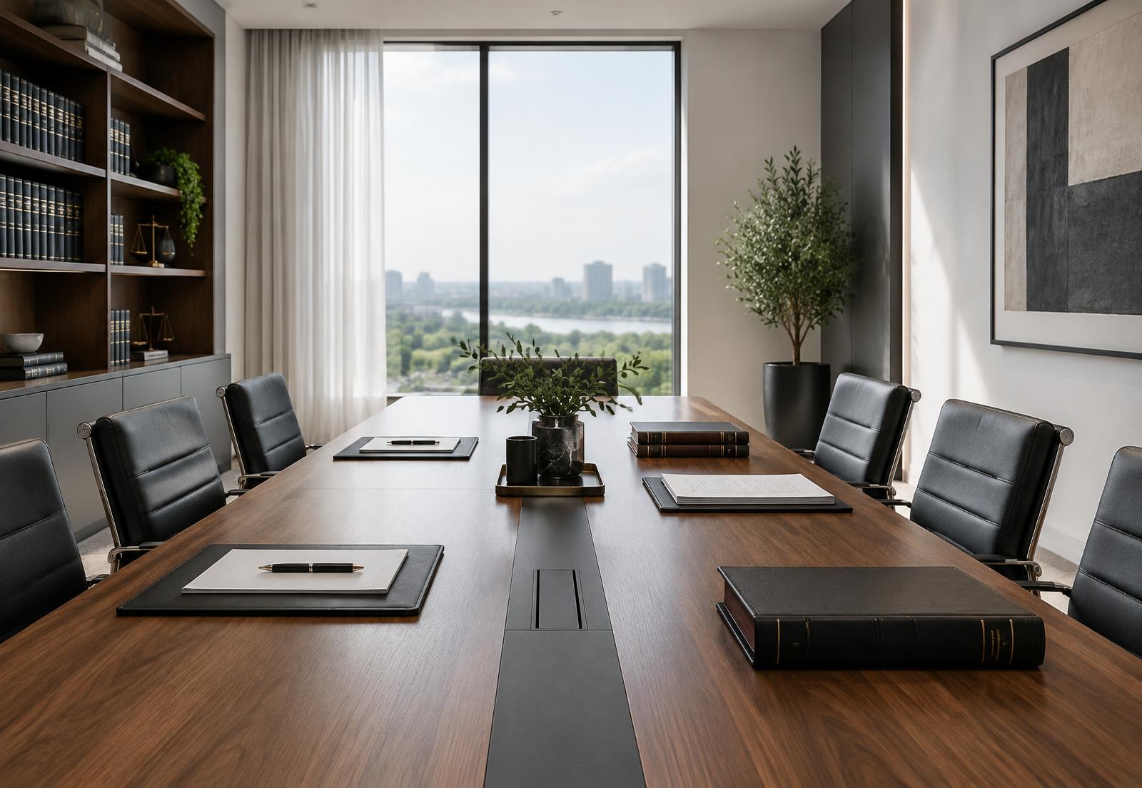 A quiet boardroom with a walnut table and leather chairs